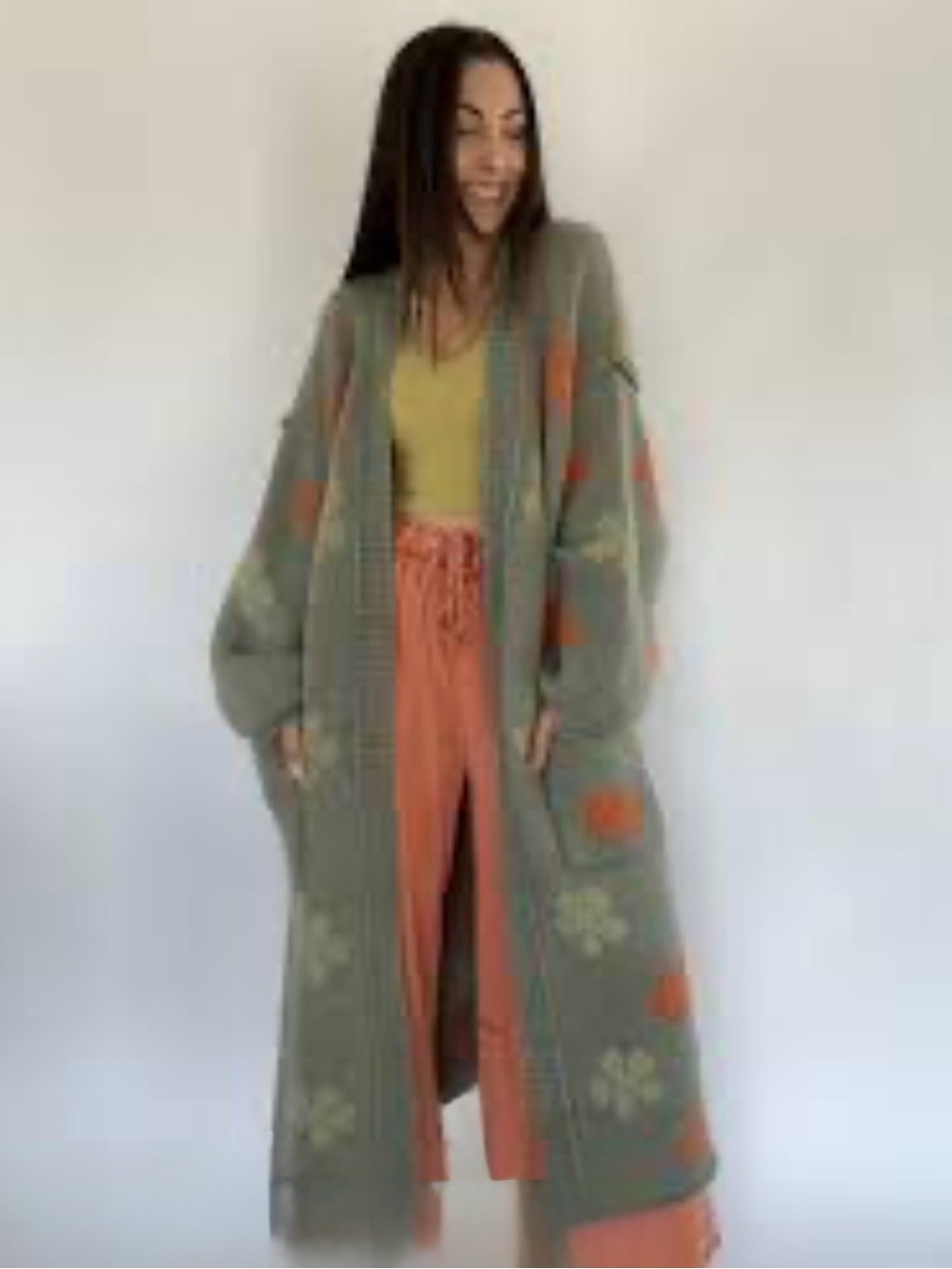 POL Olive Green Floral Berber Longline Knit Cardigan Sweater